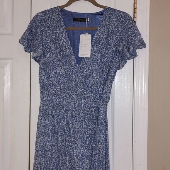 Zesica lt blue Bohemian Floral Printed Wrap Short Sleeve Split Maxi Dress - Picture 3 of 7